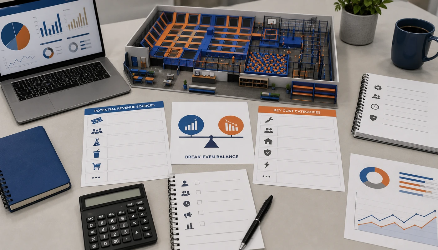 Trampoline park business planning worksheet showing revenue, cost, and break-even considerations.