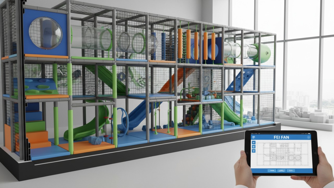 A 3D architectural spatial design for an indoor playground highlighting safety zones and the FEI FAN project name.