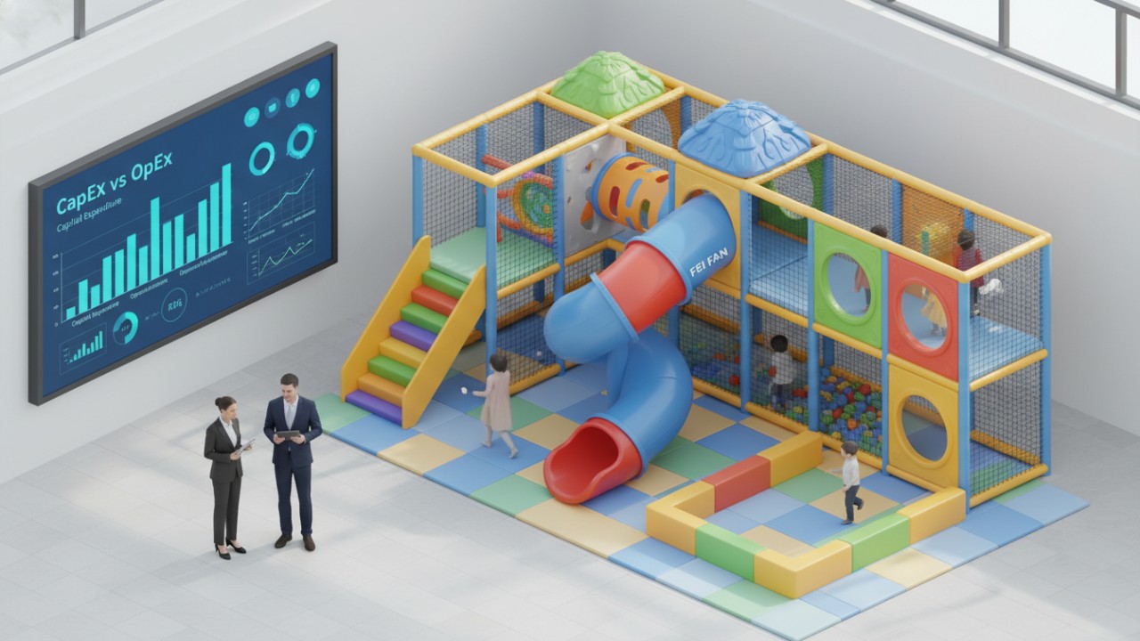 A 3D illustration showing the financial planning of a soft play center with the brand name FEI FAN visible on a playground slide.
