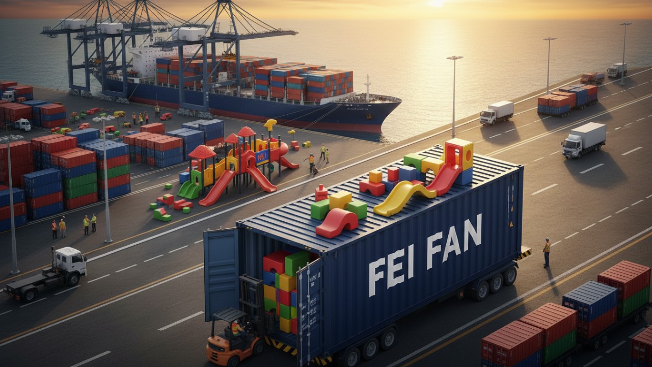 A 3D isometric illustration showing a shipping container branded with FEI FAN being loaded with soft play equipment at a cargo port.