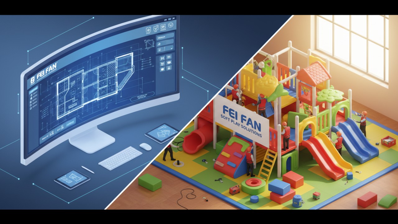 A 3D isometric illustration showing the transition from a digital blueprint with the FEI FAN brand to a physical soft play installation being built.