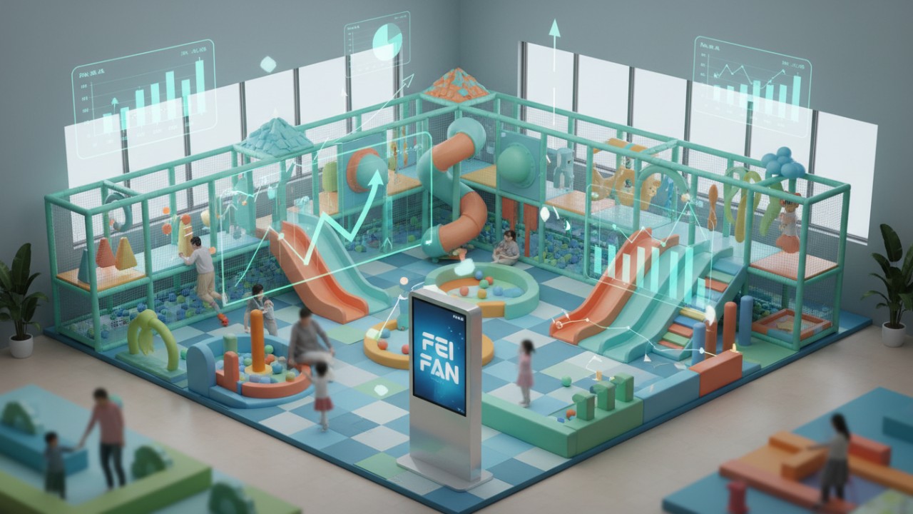 A 3D isometric view of a modern indoor playground with holographic ROI charts and a FEI FAN brand sign.