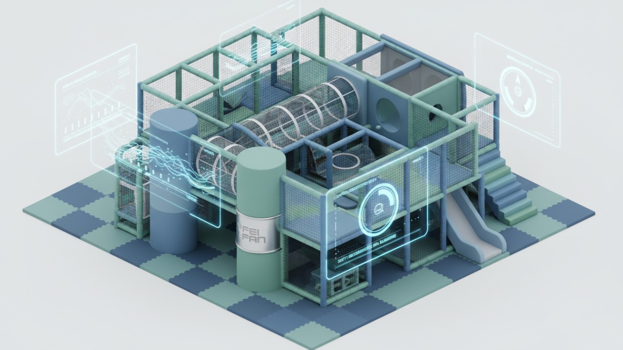 A 3D rendering of a soft play structure with technical safety overlays and FEI FAN branding on a metal plaque.