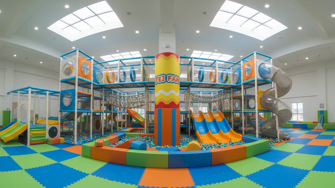 A beautiful and safe indoor soft play facility featuring the FEI FAN brand name on a central pillar.