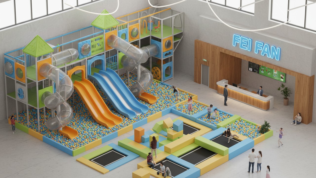 A bright 3D render of a profitable soft play center featuring a FEI FAN brand sign at the reception desk.