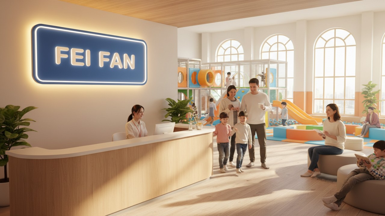 A busy and clean indoor playground facility with happy families and a prominent FEI FAN brand sign at the entrance
