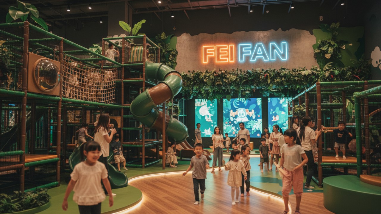 A busy and successful jungle themed indoor playground featuring the FEI FAN brand name on a large neon sign