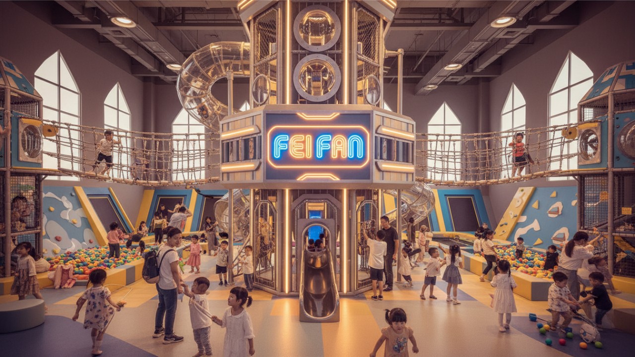A busy and successful modern indoor playground featuring a large FEI FAN branded play structure centerpiece.