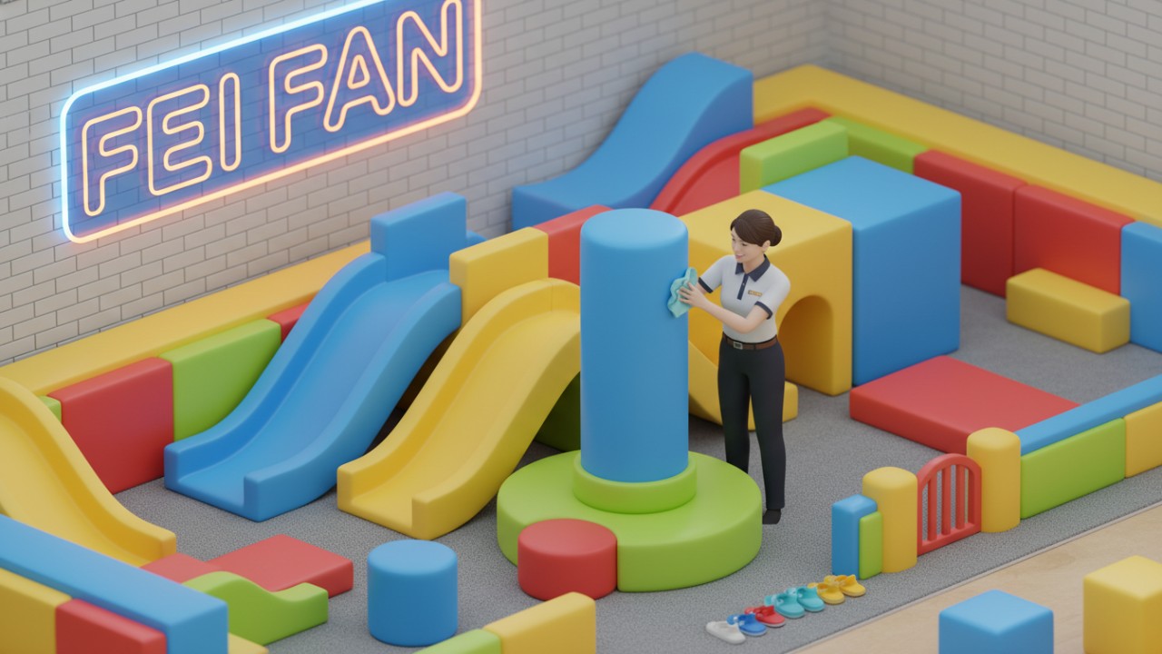 A clean and bright indoor soft play area being sanitized by a staff member with a FEI FAN brand sign visible in the background