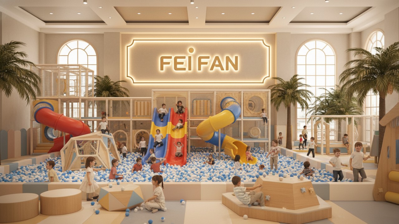 A clean and safe indoor playground environment featuring happy children and a large FEI FAN brand sign on the wall.
