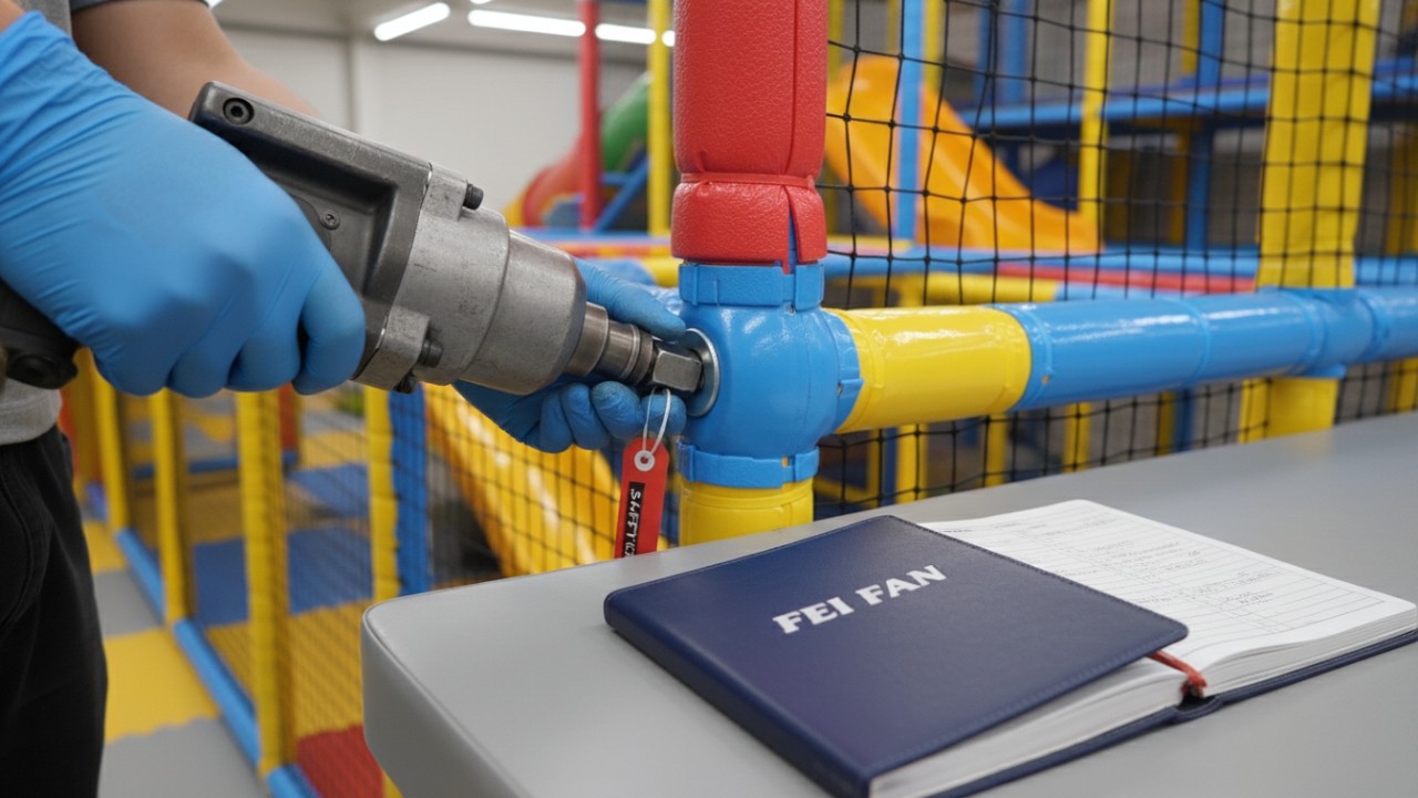 A close-up view of a playground joint being tightened next to a FEI FAN branded maintenance logbook.