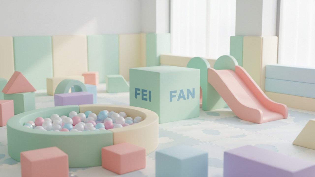 A colorful set of toddler soft play equipment including foam blocks and a slide with the FEI FAN brand name.