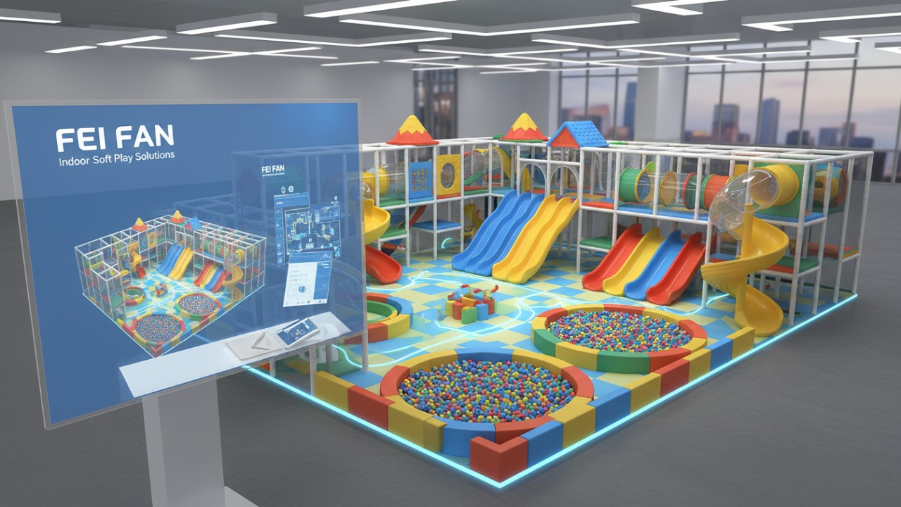 A detailed 3D architectural plan of a colorful indoor soft play area featuring equipment and branding for FEI FAN.