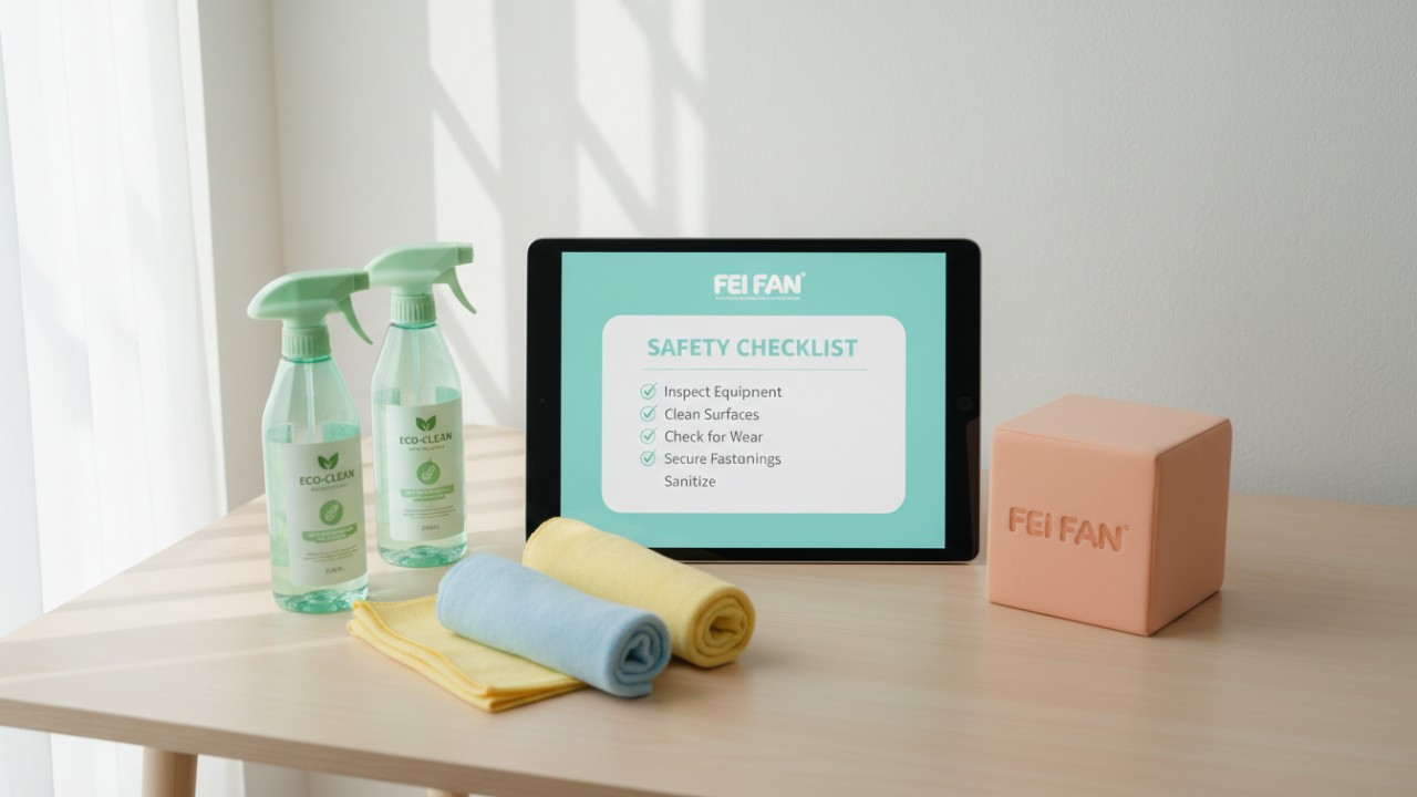 A digital maintenance checklist on a tablet featuring the FEI FAN logo alongside eco friendly cleaning supplies for a playground