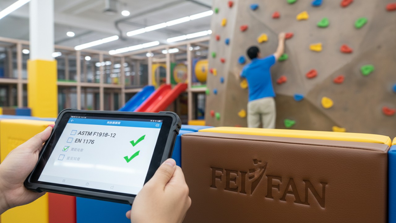 A digital tablet showing safety compliance checklists in front of soft play equipment featuring the FEI FAN brand logo.