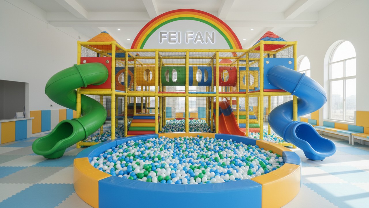 A fully completed and vibrant indoor soft play playground with a premium backlit sign reading FEI FAN at the main entrance.