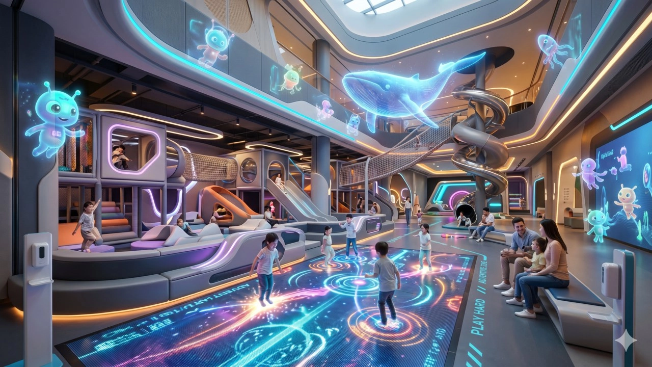 a futuristic 2026 indoor family entertainment center. - FEI FAN