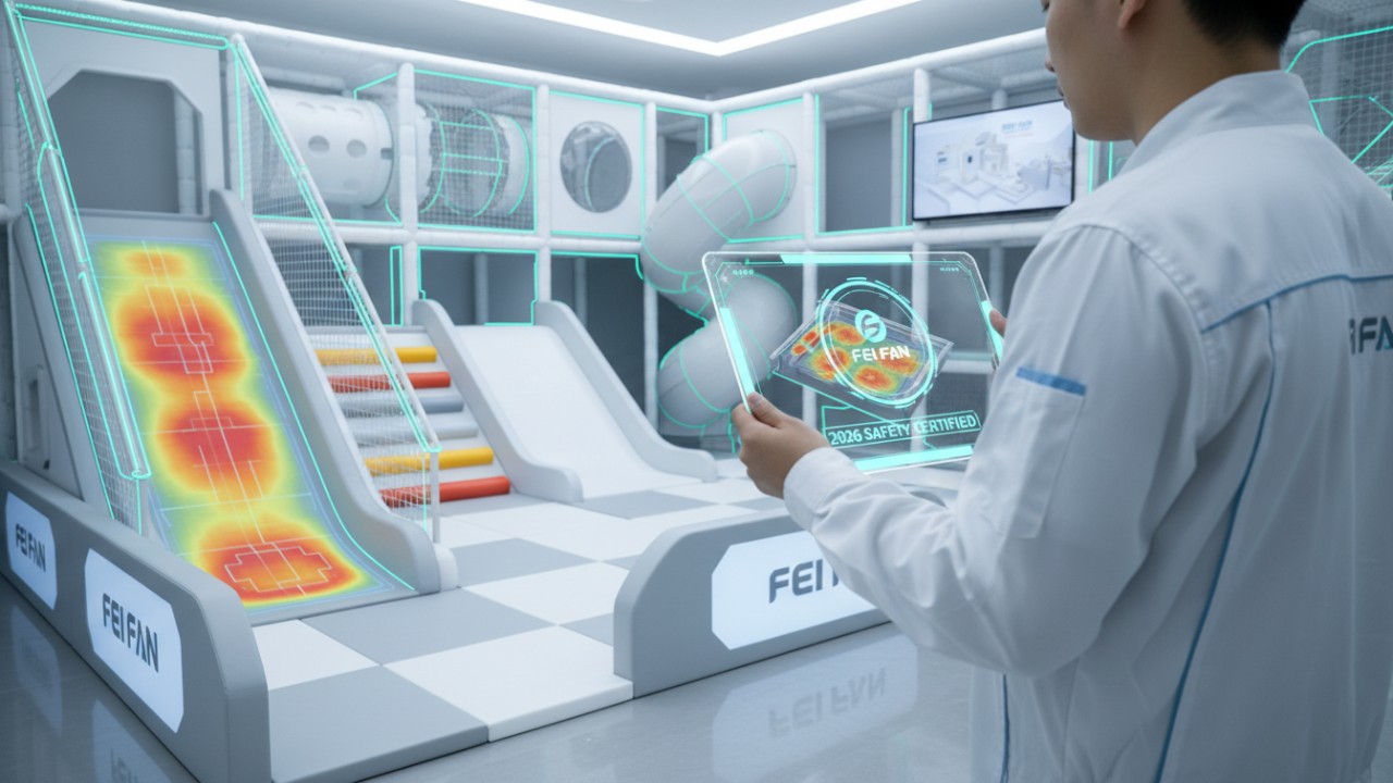 A high-tech safety inspection of a modern play area using a digital tablet with the FEI FAN logo to verify 2026 global safety standards.