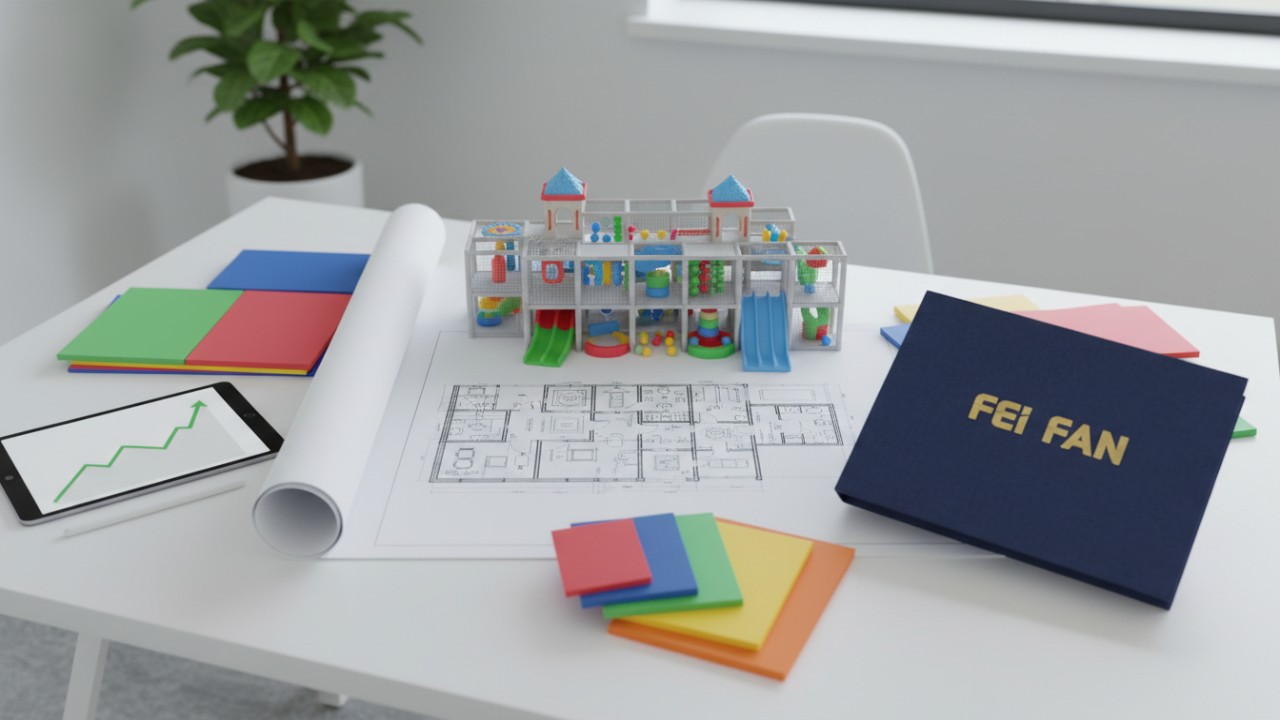 A professional business planning layout for a soft play center featuring a blueprint and a folder branded with FEI FAN.