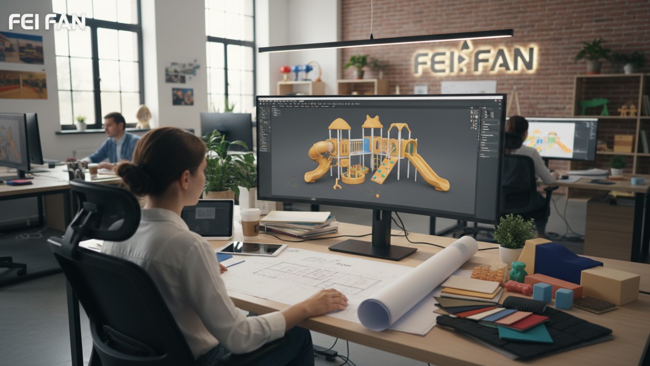 A professional design studio showing a custom playground structure being developed on a computer screen by FEI FAN.