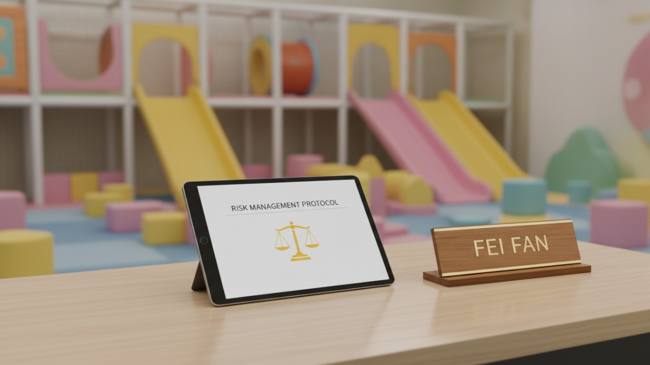 A professional desk setting with a compliance checklist tablet and the brand name FEI FAN on a nameplate in front of a soft play park.