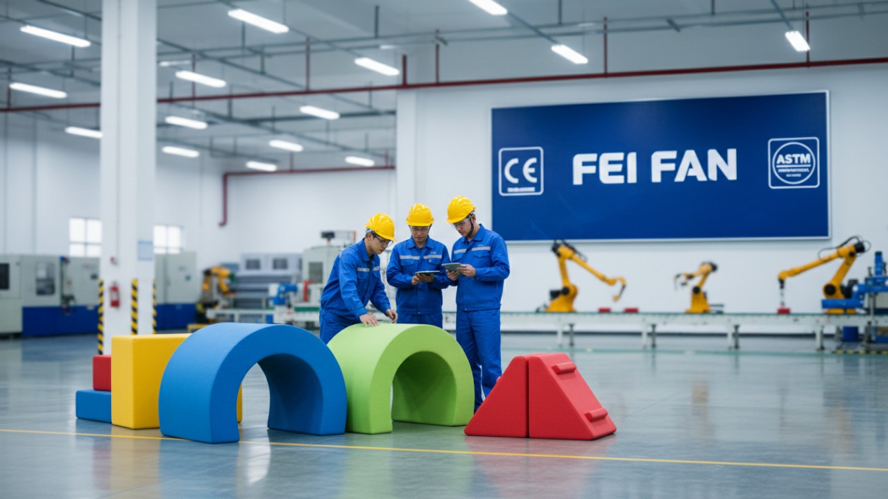 A professional factory setting where soft play equipment is being manufactured with FEI FAN branding on a screen.