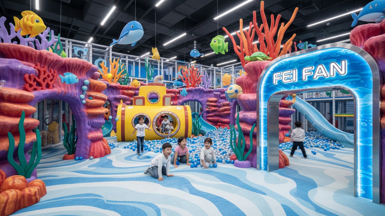 A professional indoor playground with an underwater theme featuring sea creature props and the FEI FAN brand name on a welcome sign