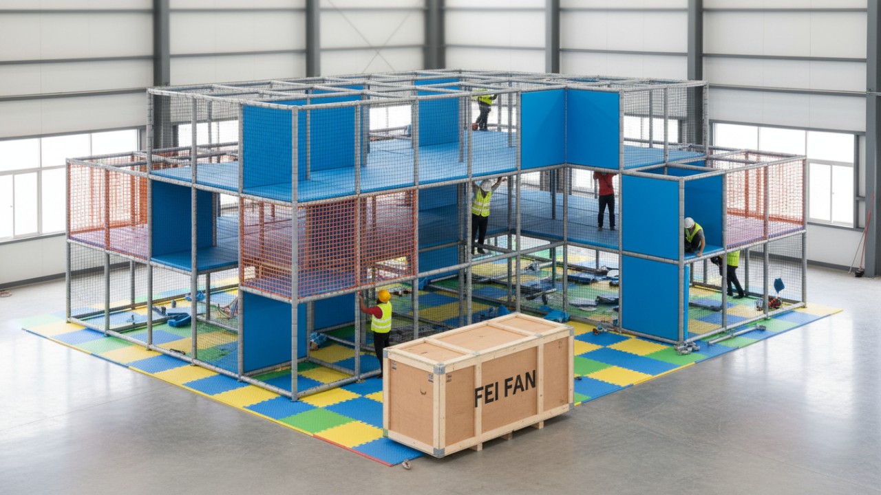 A professional installation team assembles a multi-level soft play structure with steel frames and foam padding in a commercial space with a FEI FAN branded crate visible.