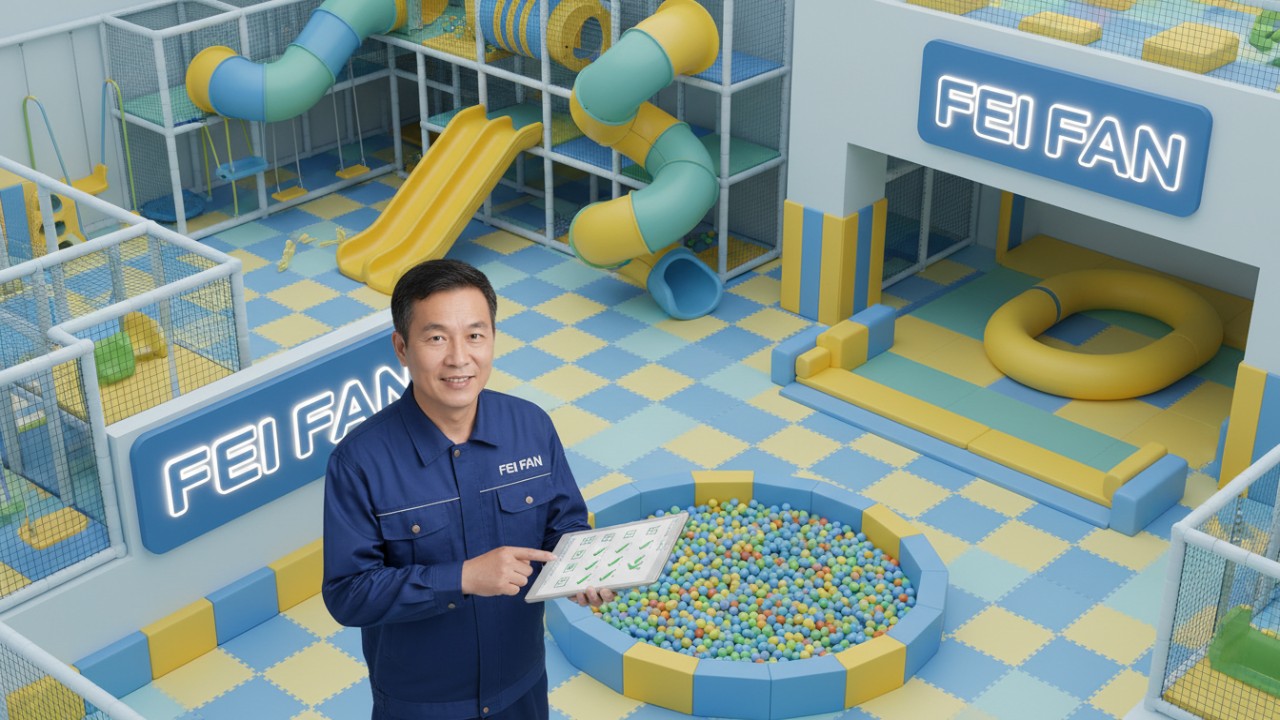 A professional maintenance worker in a FEI FAN uniform performing a safety inspection on colorful indoor soft play equipment.
