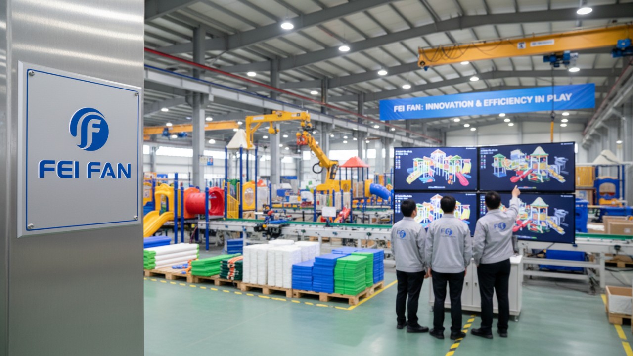 A professional manufacturing facility for indoor playgrounds featuring the FEI FAN brand name on a logo plaque.