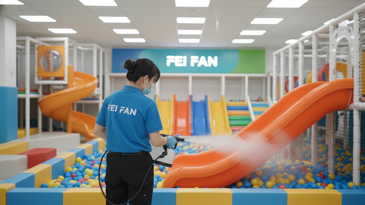 A professional staff member sanitizing a colorful indoor soft play area with the brand name FEI FAN visible on their uniform