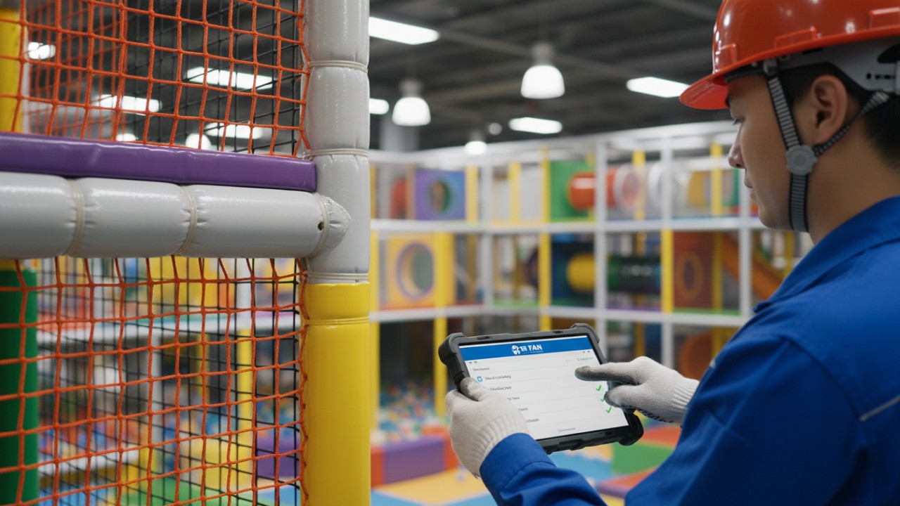A professional technician inspecting a soft play structure with a digital checklist featuring the FEI FAN logo