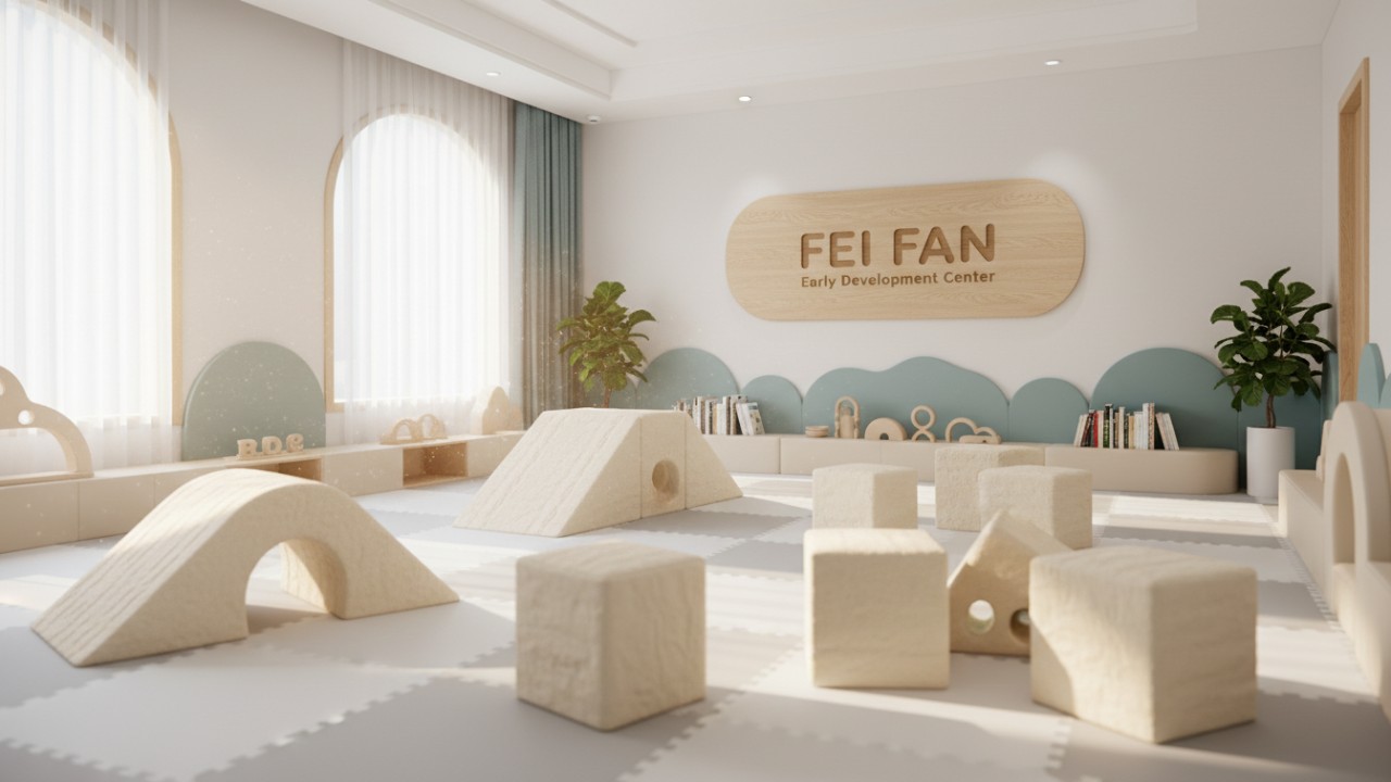 A professionally designed indoor play space featuring premium equipment and the FEI FAN logo on the wall.