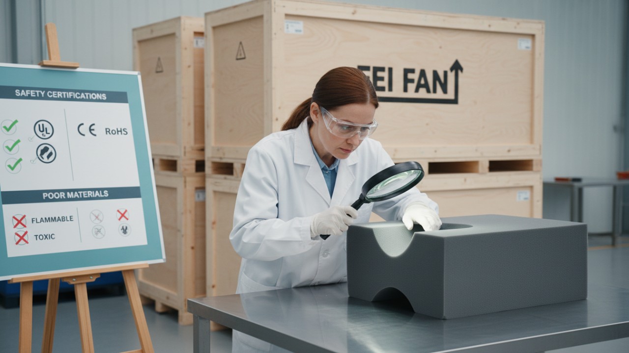 A quality control inspector checking soft play equipment with a FEI FAN branded shipping crate in the background.