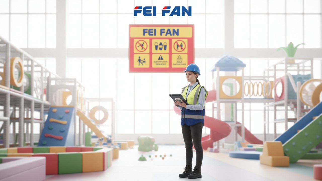 A safety inspector auditing an indoor playground with a checklist and a prominent FEI FAN sign in the background.