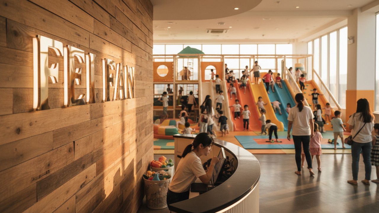 A successful family entertainment center interior featuring the FEI FAN brand name prominently on a decorative wall.