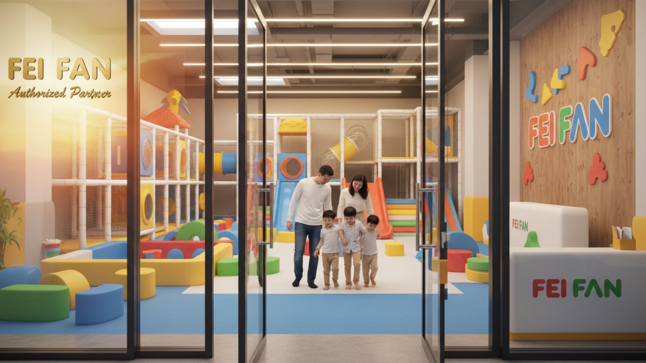 A successful indoor playground entrance with the FEI FAN logo on the glass door representing a finished business project.