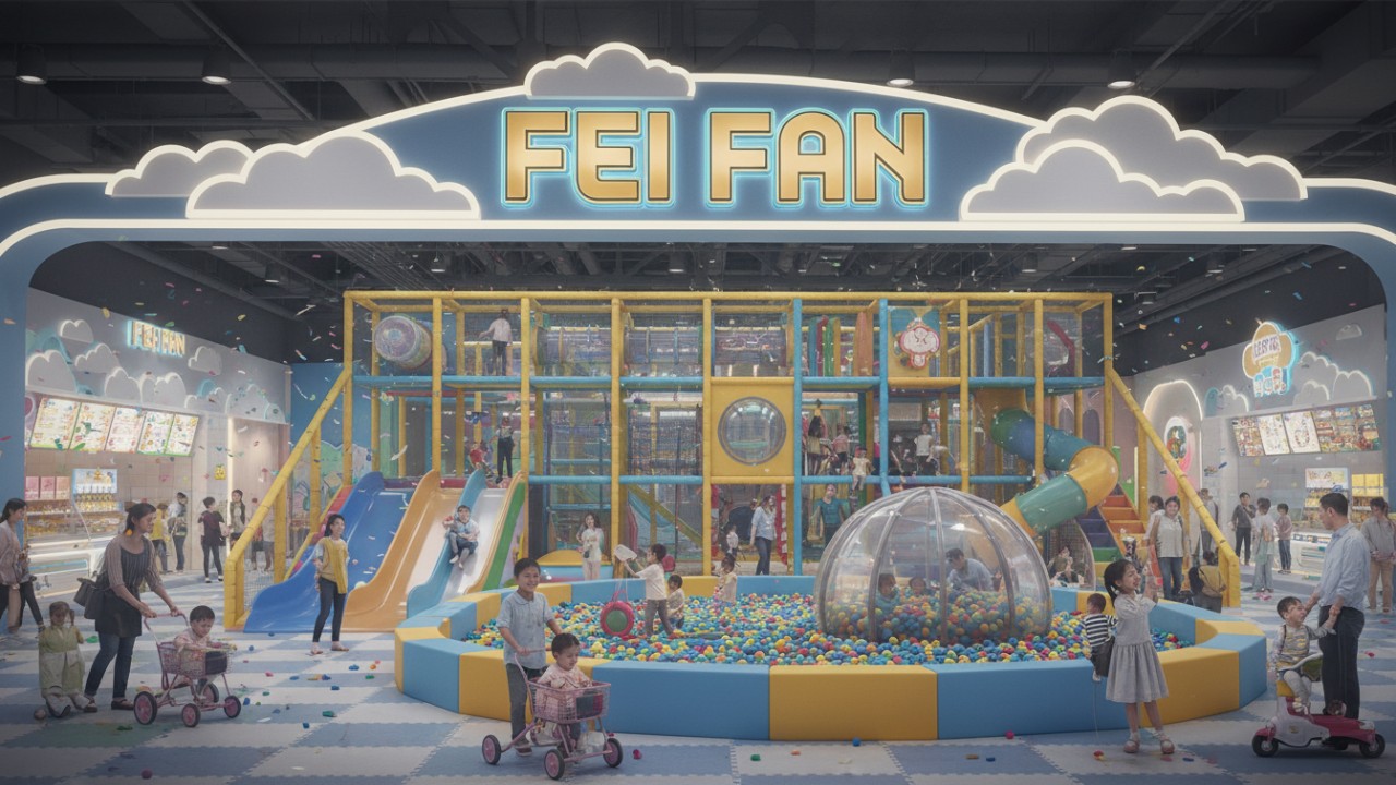 A thriving indoor soft play center filled with families and a prominent FEI FAN brand sign at the entrance.