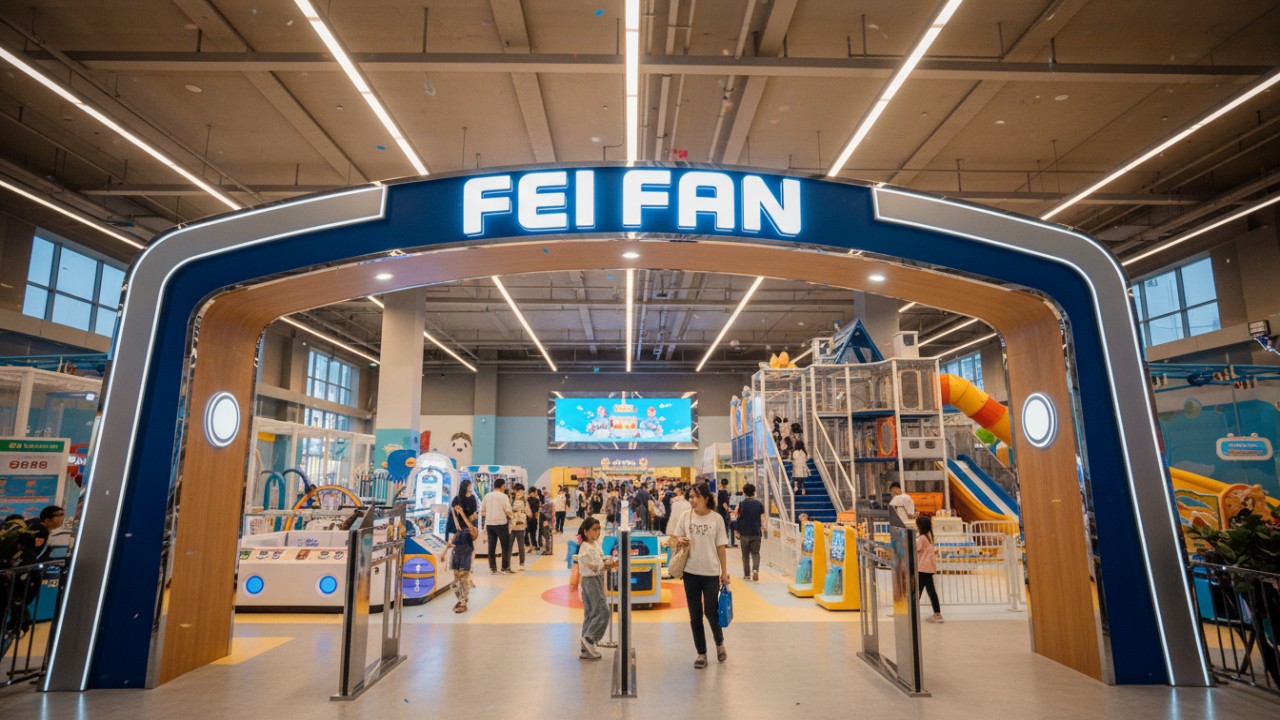 A thriving indoor theme park with happy visitors and a large FEI FAN brand name on the entrance archway.