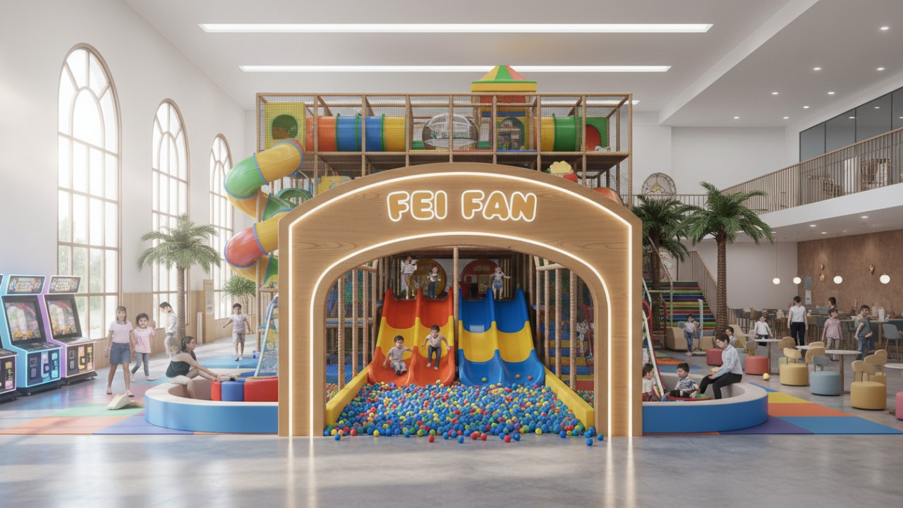 A vibrant and completed indoor playground facility with FEI FAN branding on the entrance.