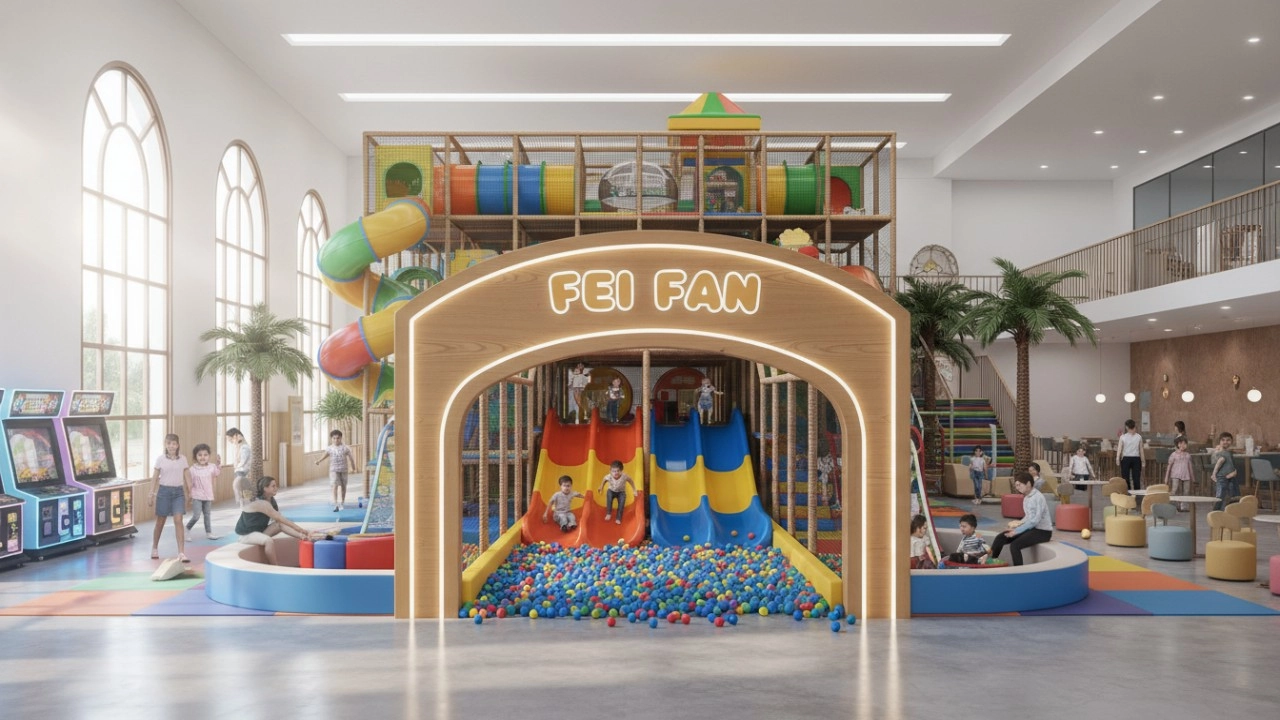 A vibrant and completed indoor playground facility with FEI FAN branding on the entrance. - FEI FAN