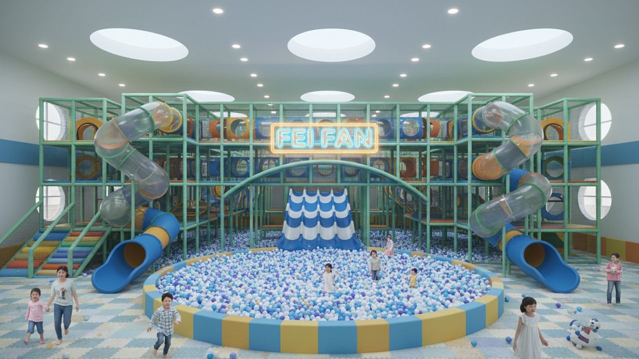 A vibrant and completed indoor soft play park featuring a large FEI FAN neon sign at the entrance.