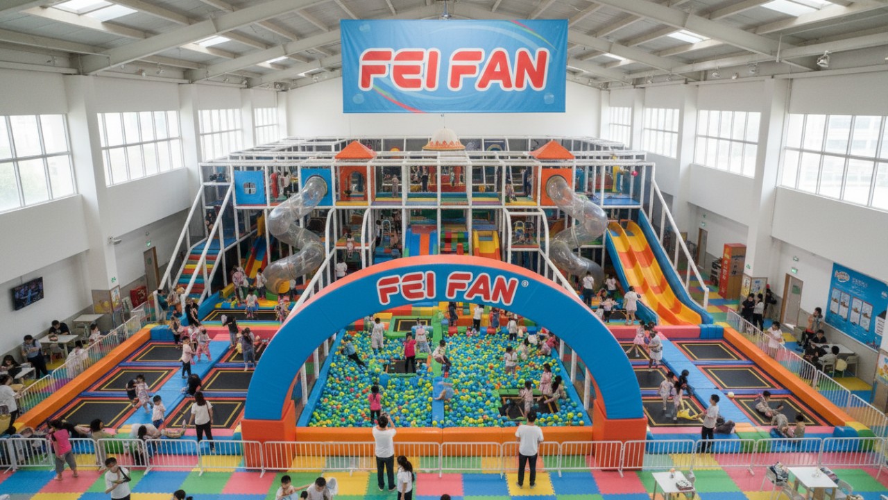 A wide overhead view of a completed and successful FEI FAN soft play facility during a busy operating day.