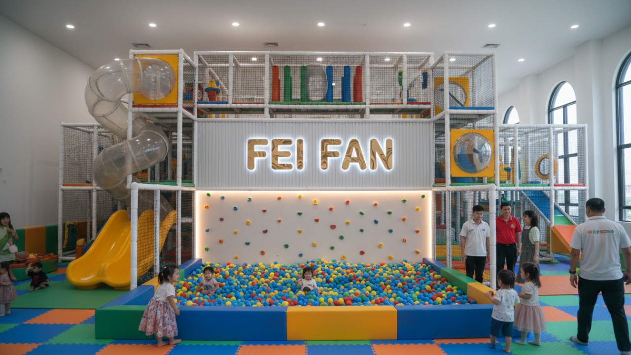 A wide shot of a finished indoor playground featuring a large illuminated FEI FAN logo on the wall.