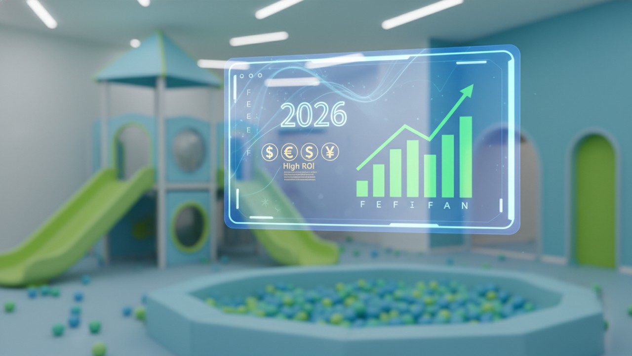 A_business_concept_illustration_showing_financial_growth_charts_and_ROI_data_layered_over_an_indoor_playground_facility_