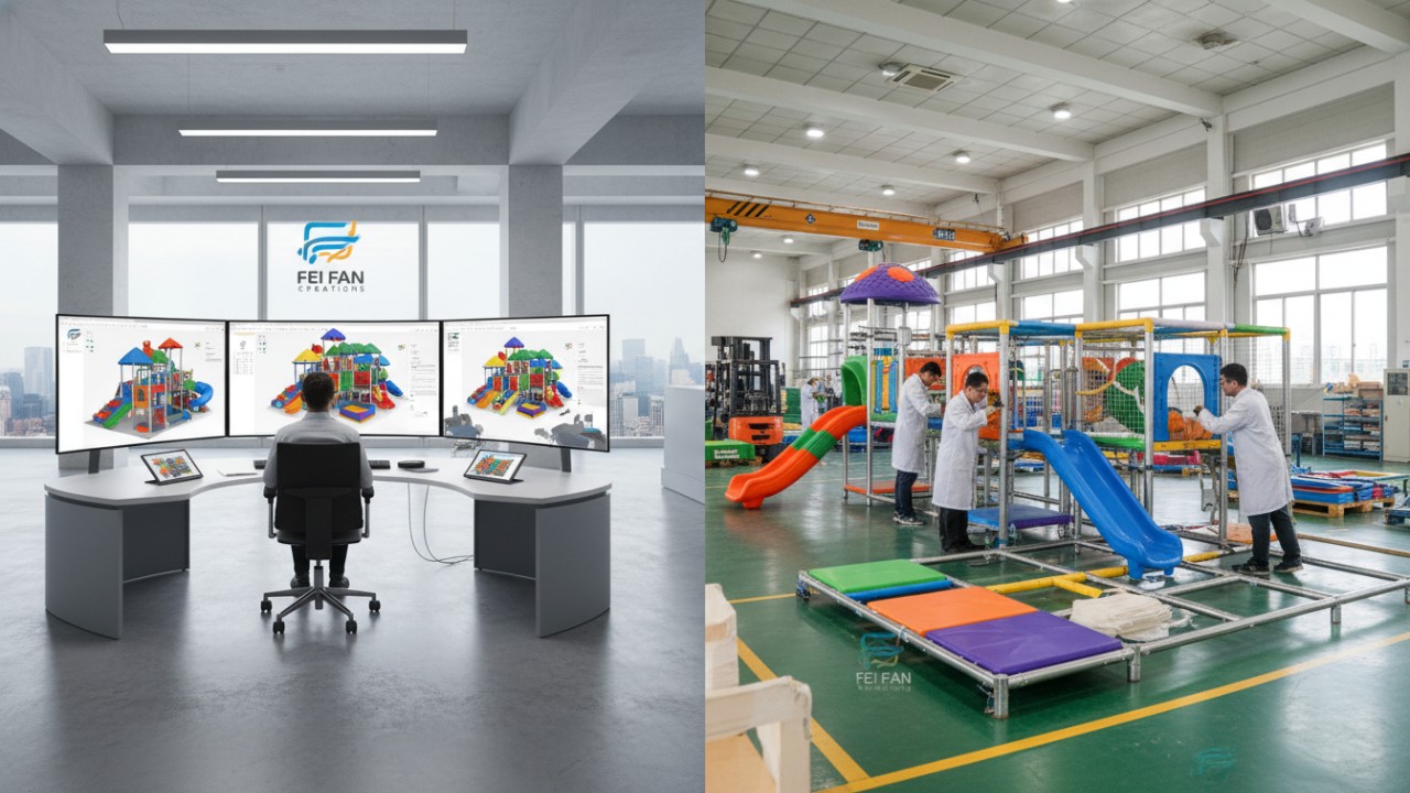 A_dual_view_illustration_showing_a_designer_working_on_a_3D_playground_blueprint_and_factory_workers_assembling_soft_play_equipment_