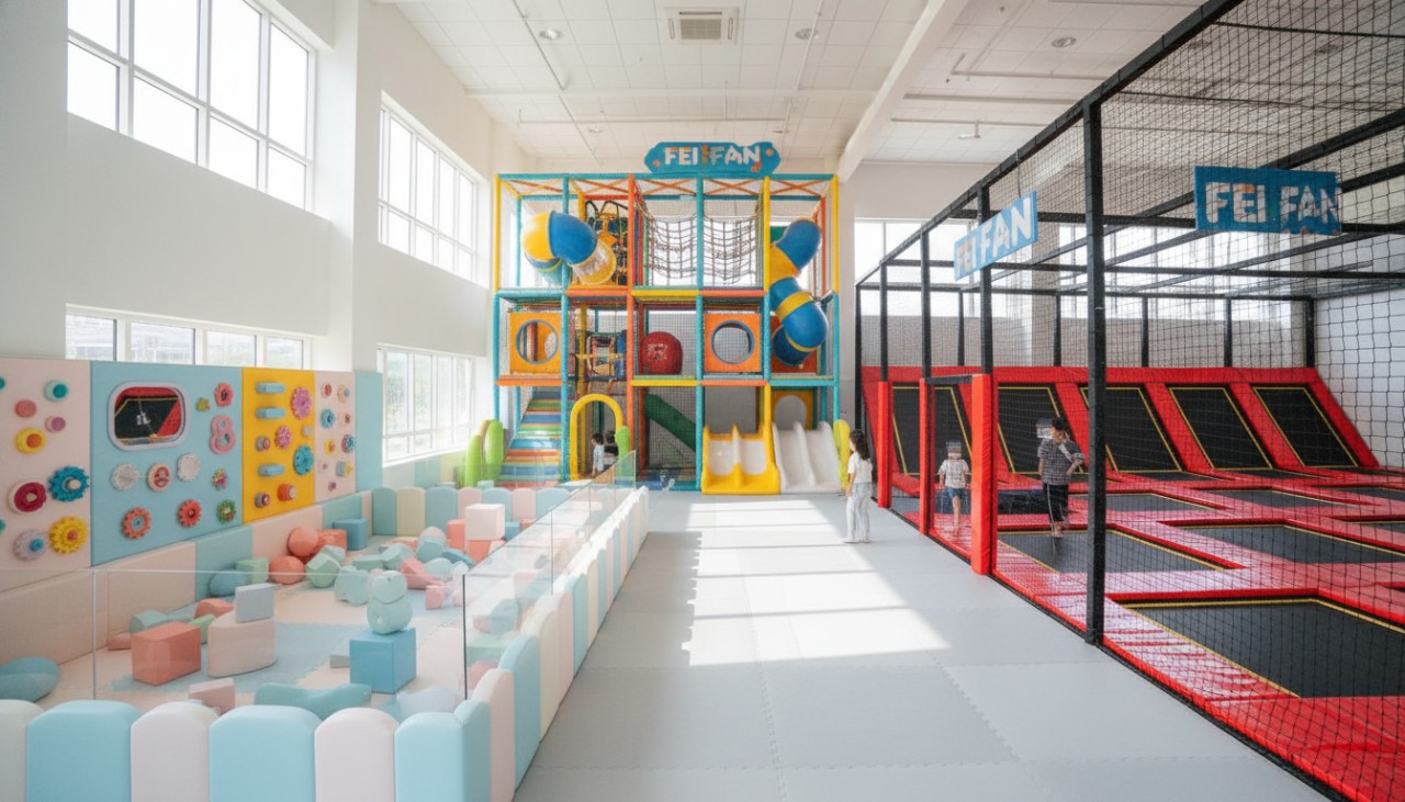 Age-appropriate indoor playground zones for toddlers to teenagers