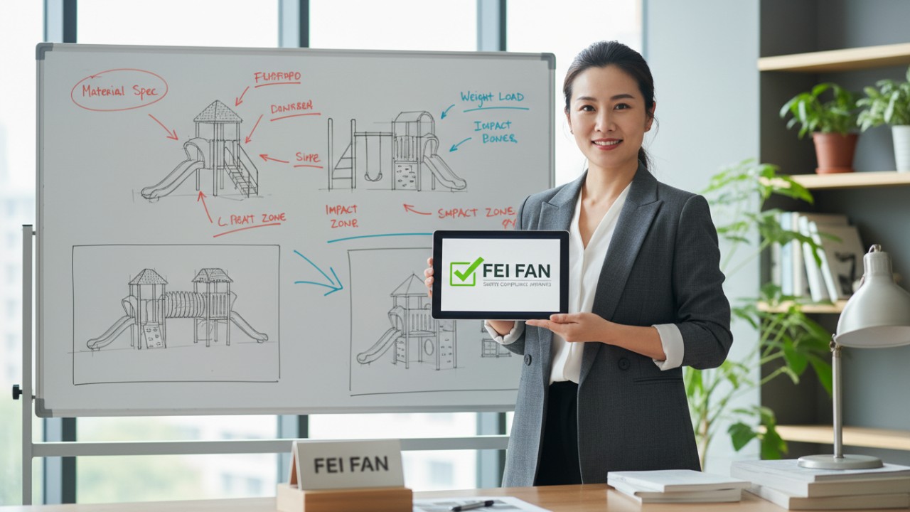 An interior designer reviewing playground safety and layout tips on a tablet featuring the FEI FAN logo.