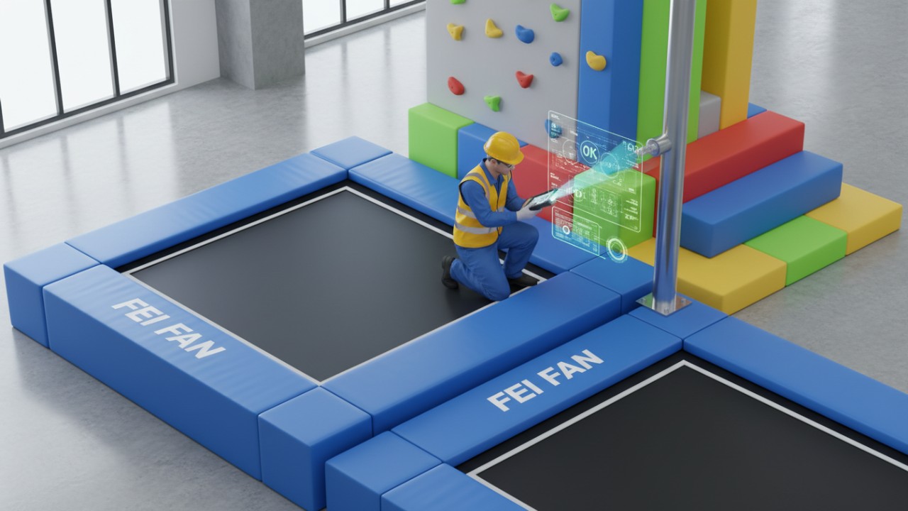 An isometric 3D render of a safety inspection being performed on playground equipment featuring the FEI FAN brand name on the padding.