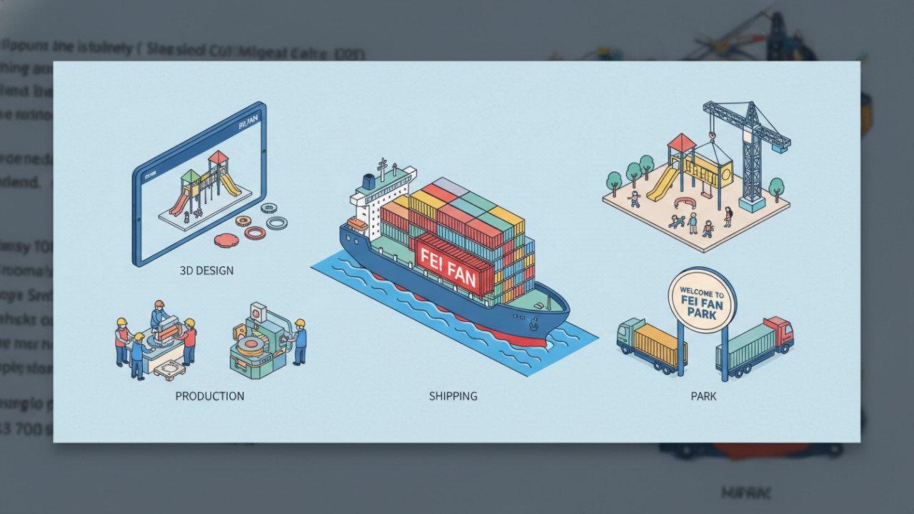 An isometric illustration of the sourcing process showing a FEI FAN shipping container.
